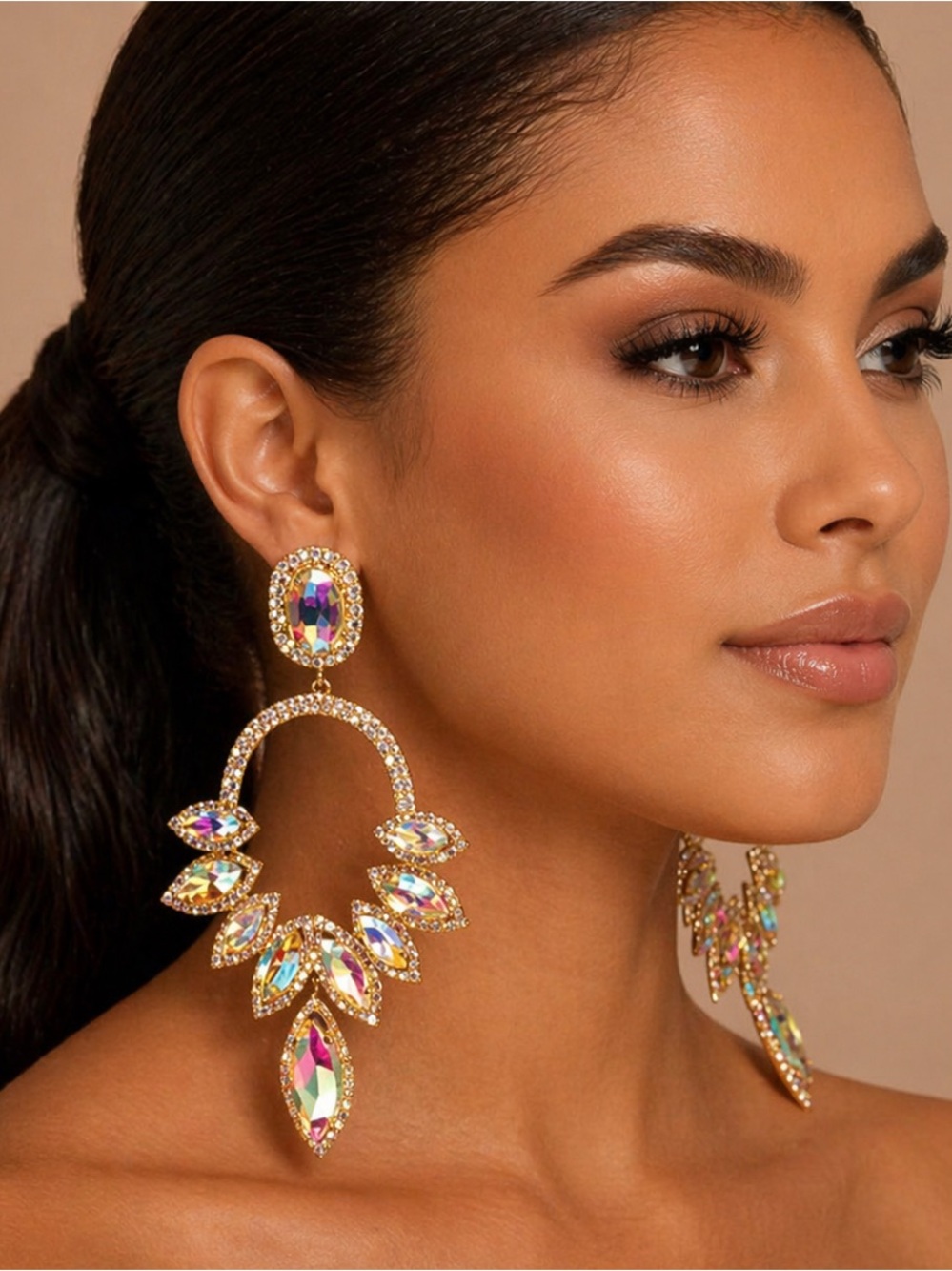 Iridescent Crystal Chandelier Earrings - Rose Gold